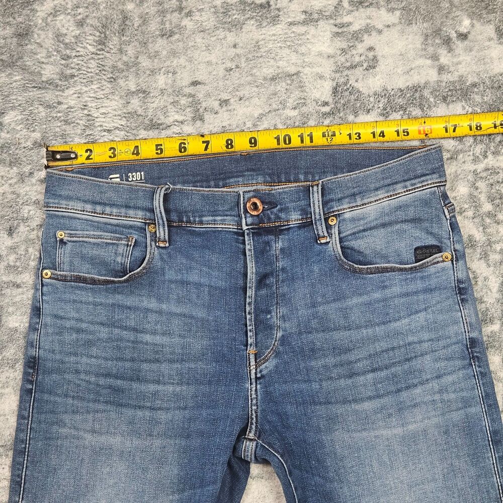 G Star Raw Jeans Mens 31x30 Blue Denim Slim Button Fly Light Wash Stretch 3301 - Picture 5 of 15